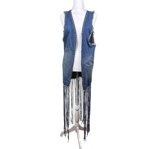 Crazy Train Denim Studded Fringe Vest Western Cowgirl Chic Rodeo Small